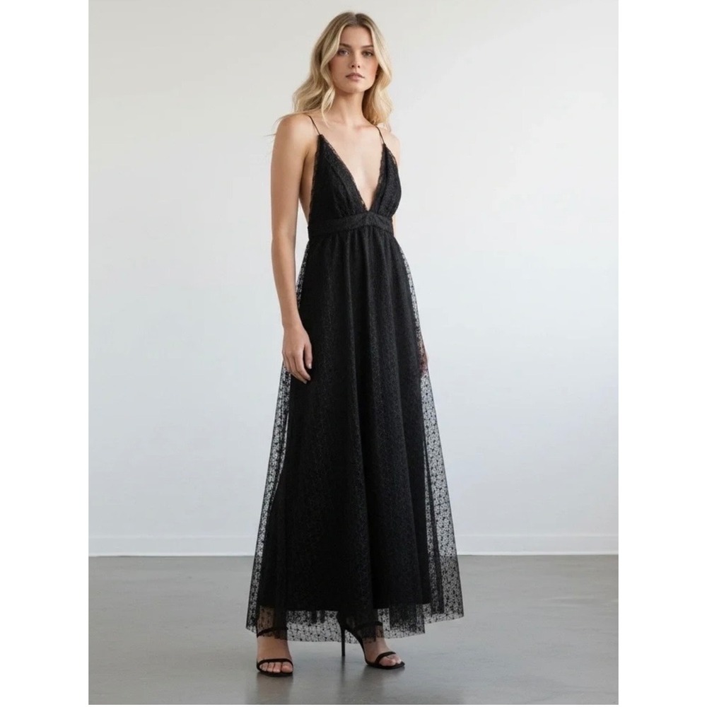 The Vintage Shop Black Star Lace Deep V-Neck Maxi Dress Medium